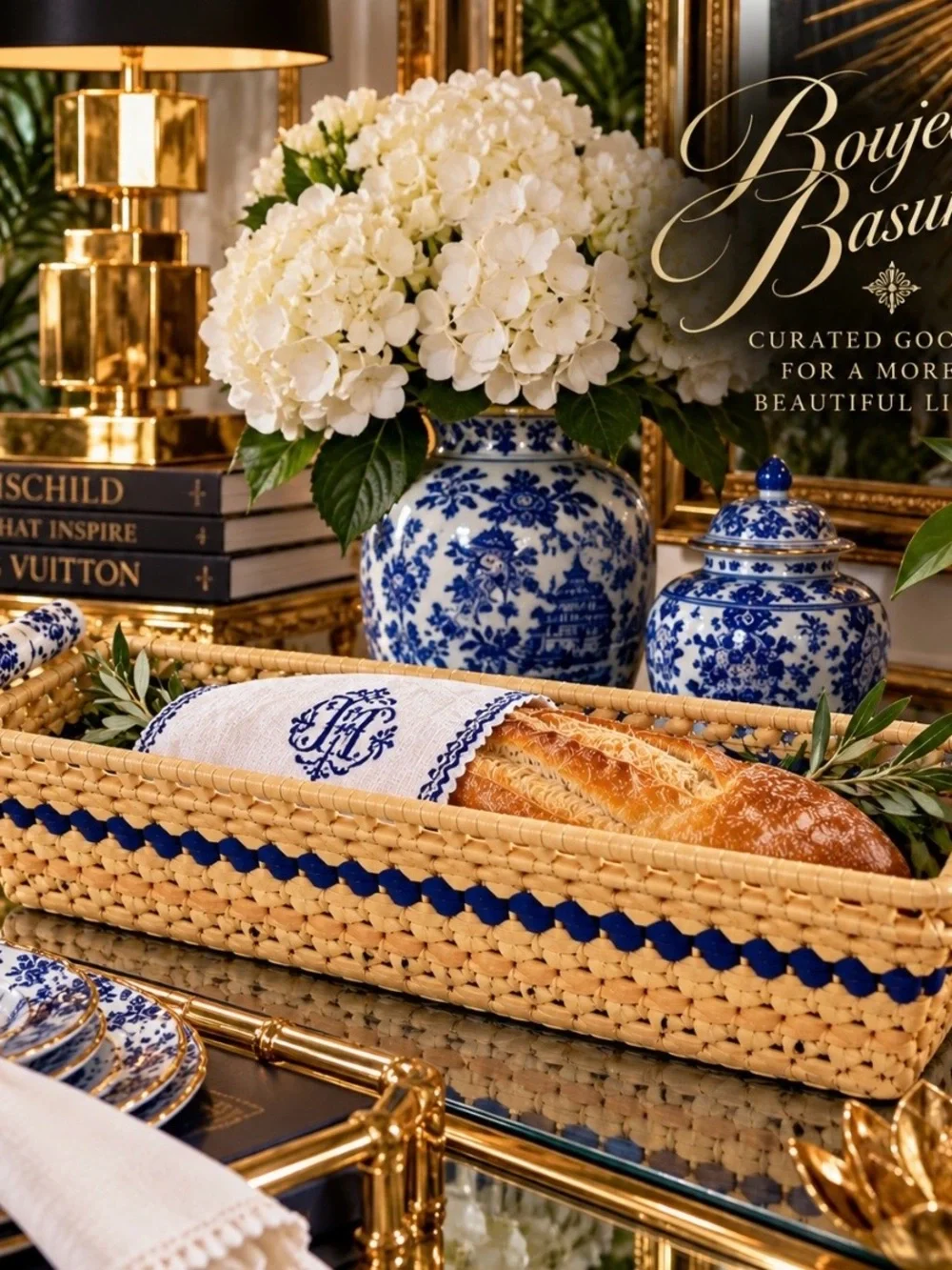 Title Vintage Blue White Chinoiserie Woven Bread Basket Ceramic Handles